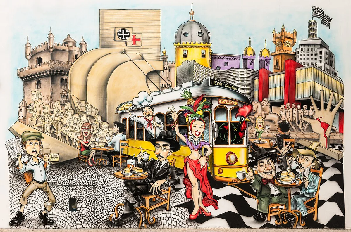 Mural com referências a Lisboa e São Paulo no empório Arte Nata na Rua Frei Caneca 1380 - bem perto da Avenida Paulista — 1
