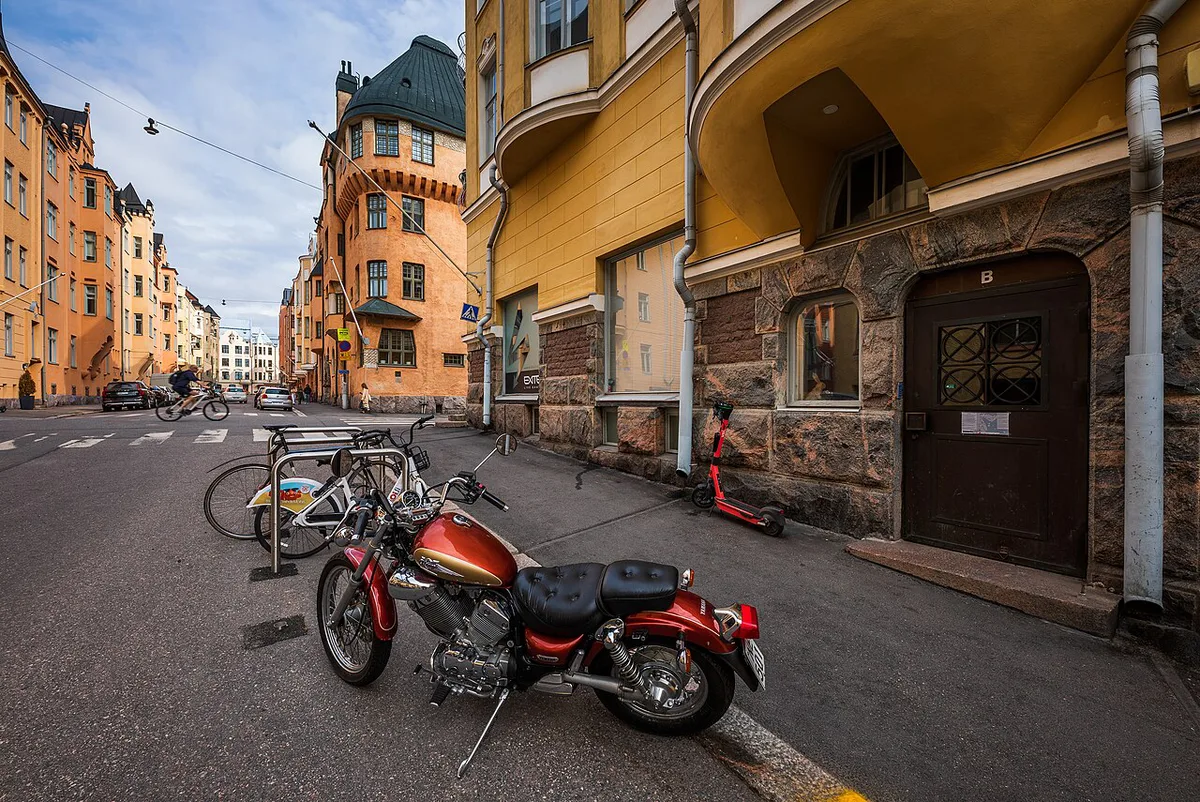 Art Nouveau facades along a quiet street in Katajanokka, Helsinki, Finland — 2