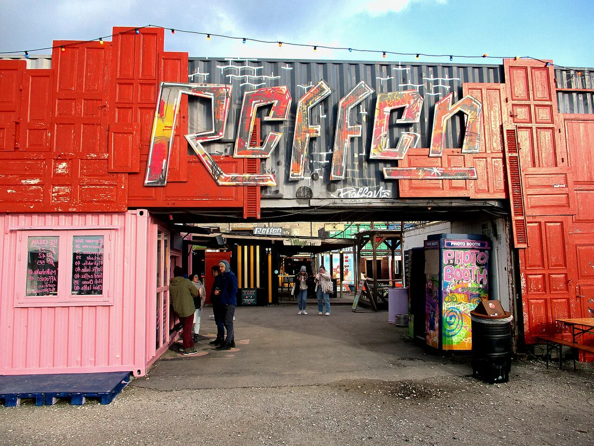 Former shipyard cranes and street food stalls at Reffen on Refshaleøen, Denmark — 2