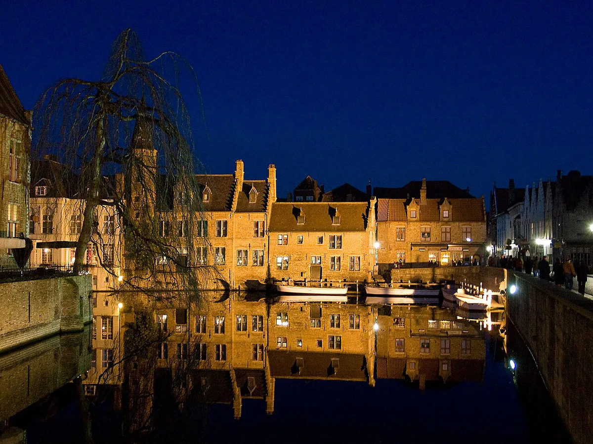 Illuminated streets and landmarks in Bruges at night, Belgium — 2